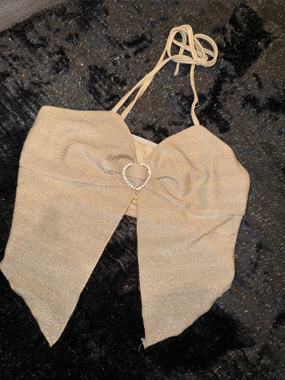 Shimmery Gold Halter Tie-Front Crop Top with Rhinestone Heart